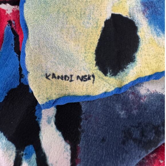 Kandinsky art print 100% silk rolled edge scarf wrap red blue black 16 x 60" - Picture 6 of 8